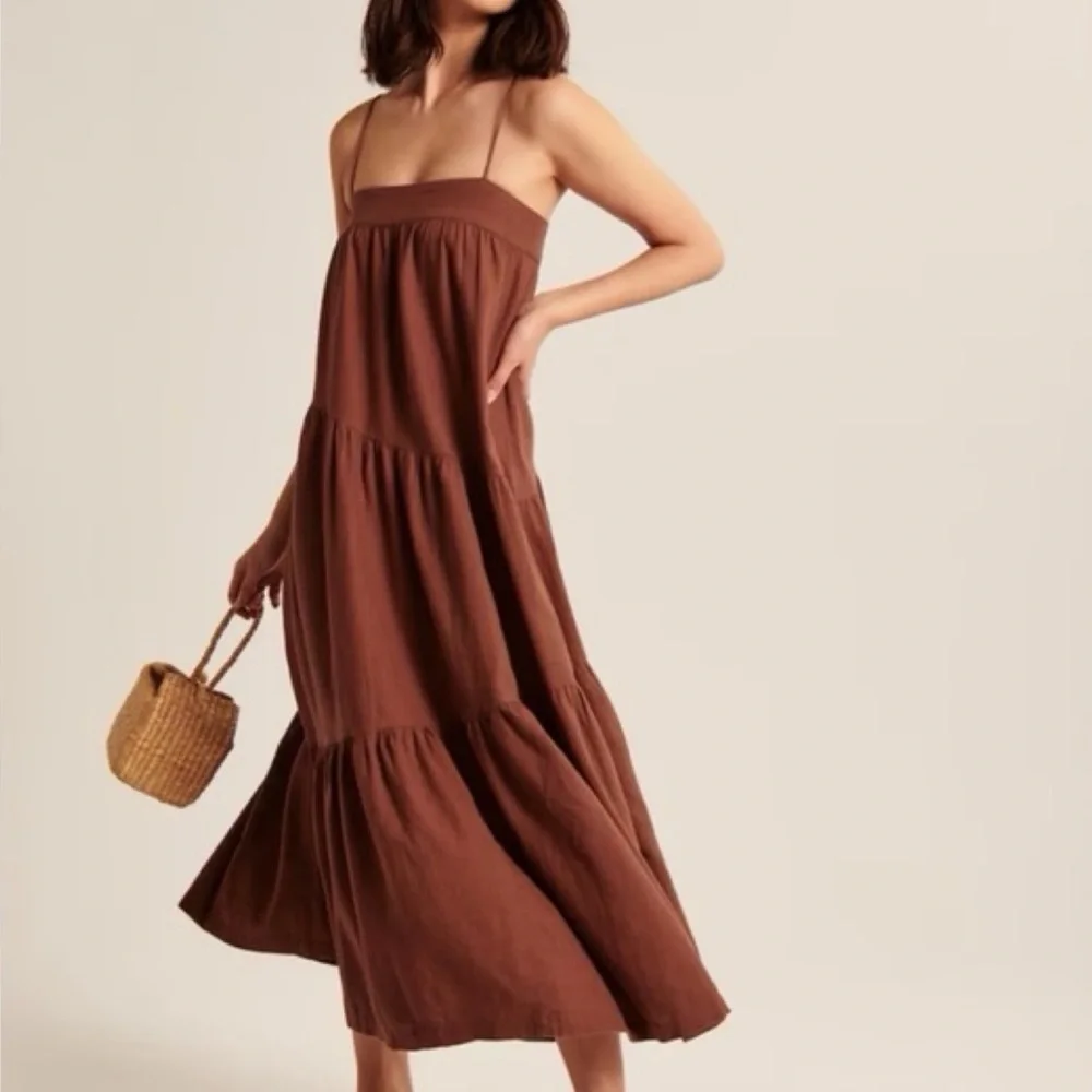 Abercrombie & Fitch Linen Viscose Asymmetrical Tiered Maxi Dress In Rust Brown